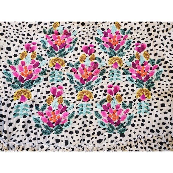 Anthropologie THMI Top Women XS Cheetah Embroidered Floral Peasant Blouse Pom - Picture 3 of 8